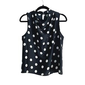 Worthington Black White Polka Dot Cowl Neck Top Satin Sleeveless Blouse XS